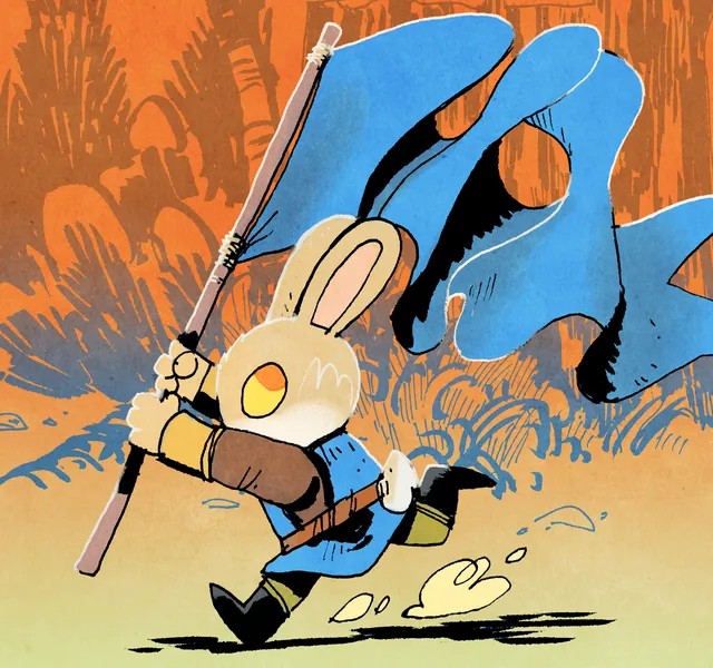 A proud bunny warrior presents the blue battle banner, running across the woodland