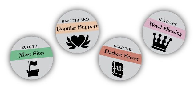 Prototypes of the four victory conditions in Oath the Board Game by Cole Wehrle