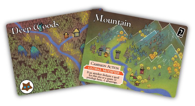 Land cards from the Oath: Chronicles of Empire and Exile board game: Deep Woods and Mountain; art by Kyle Ferrin