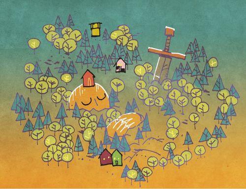 Art by Kyle Ferrin from Oath: Chronicles of Empire and Exile. A giant sleeping under a hill spotted with trees and houses.