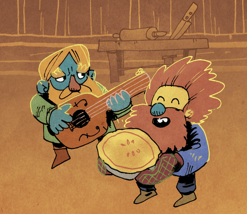 Art from Oath the Board Game, Kyle Ferrin Artist. One older man smiling and holding a pie in front of his bushy beard while another gent plays a stringed instrument