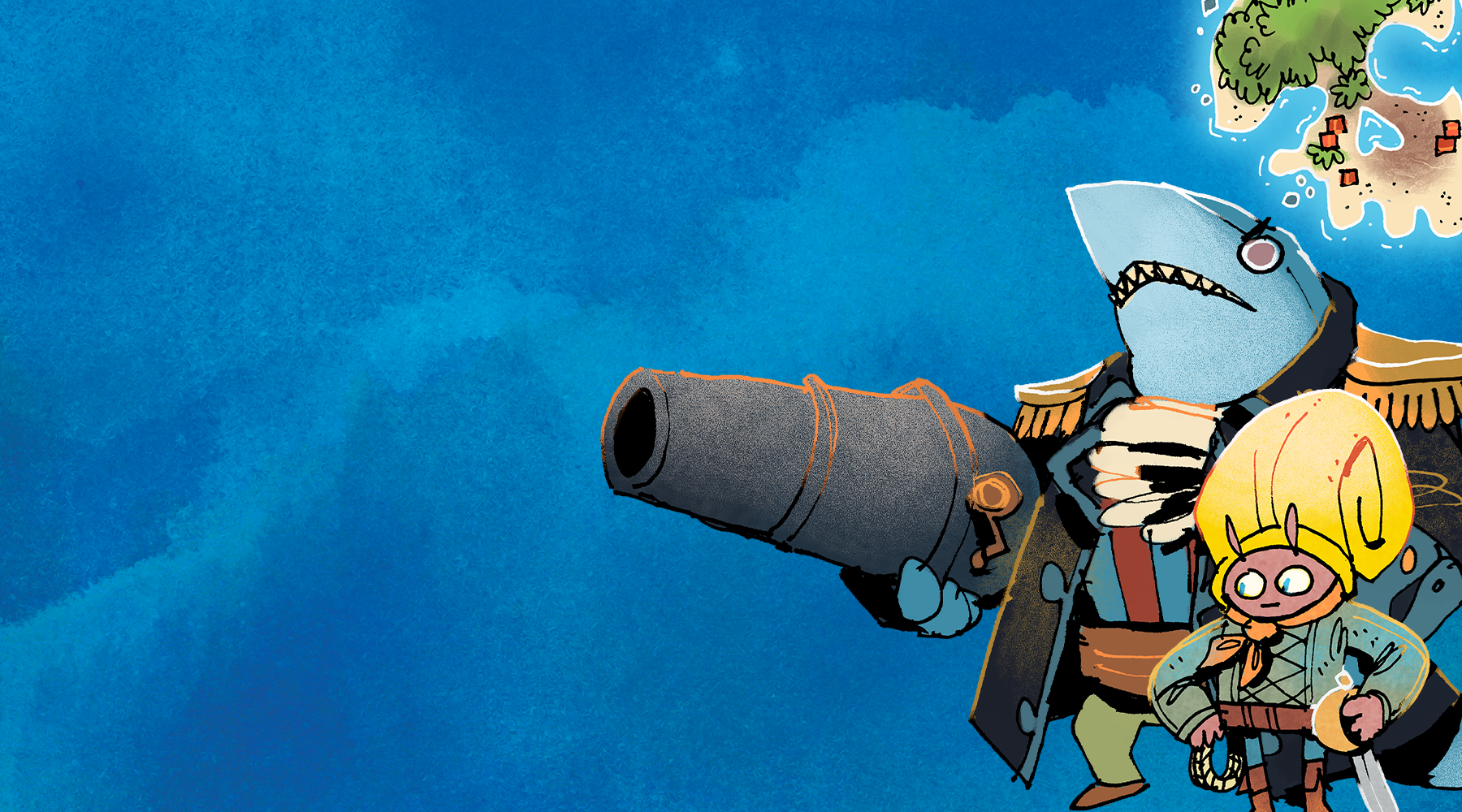 A shark and mullosk character on a blue background.
