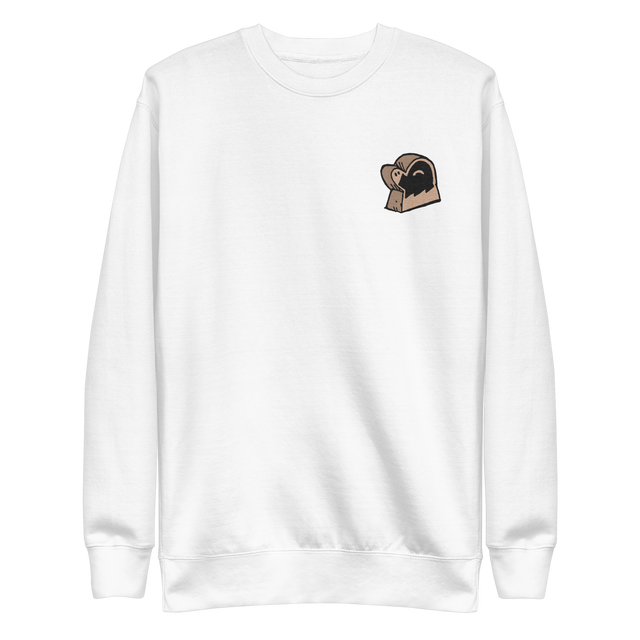 White crewneck sweatshirt with the Underground Duchy meeple embroidered on the left chest