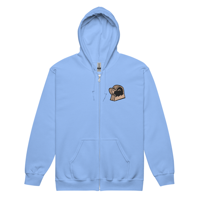 Light Blue zip hoodie with Duchy meeple embroidered on left chest