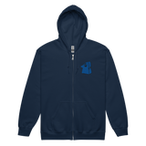 Navy zip hoodie with Eyrie Meeple embroidered on left chest