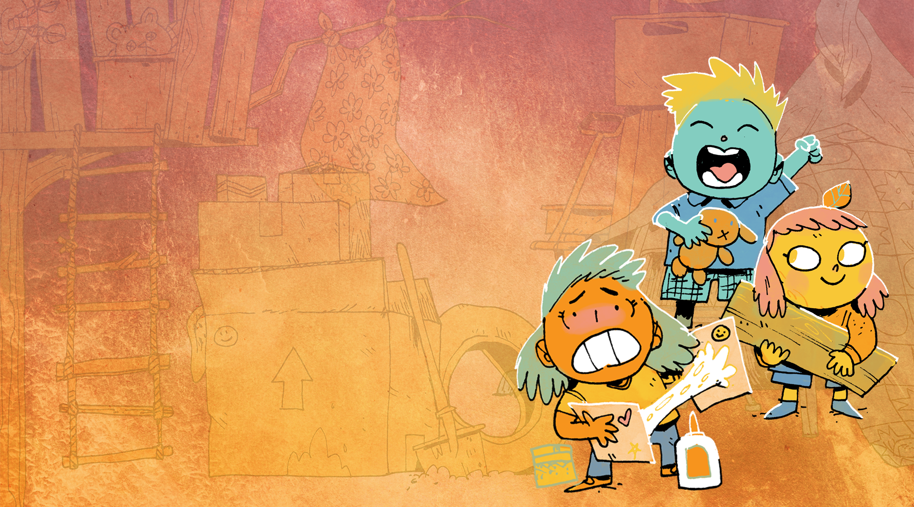 Some cartoony kids getting up to shenanigans on an orange background