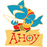 Enamel pin featuring a shark character from the game Ahoy