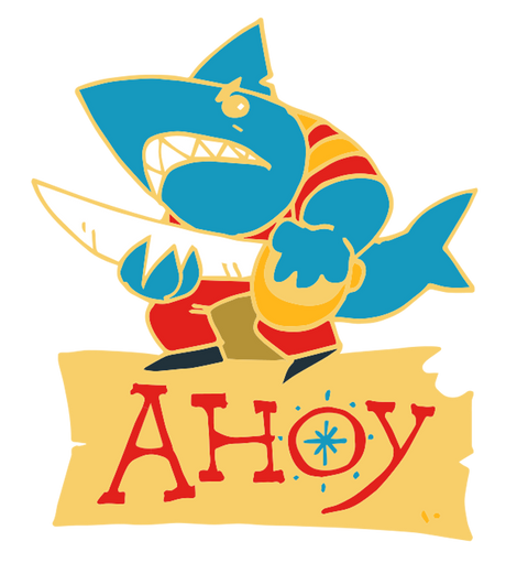 Enamel pin featuring a shark character from the game Ahoy