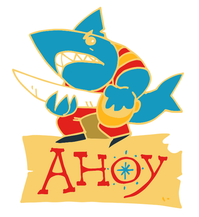 Enamel pin featuring a shark character from the game Ahoy