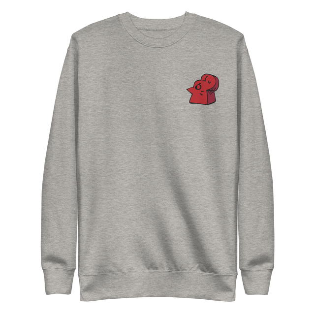 Light grey crewneck sweatshirt with the Lord of the Hundreds meeple embroidered on the left chest