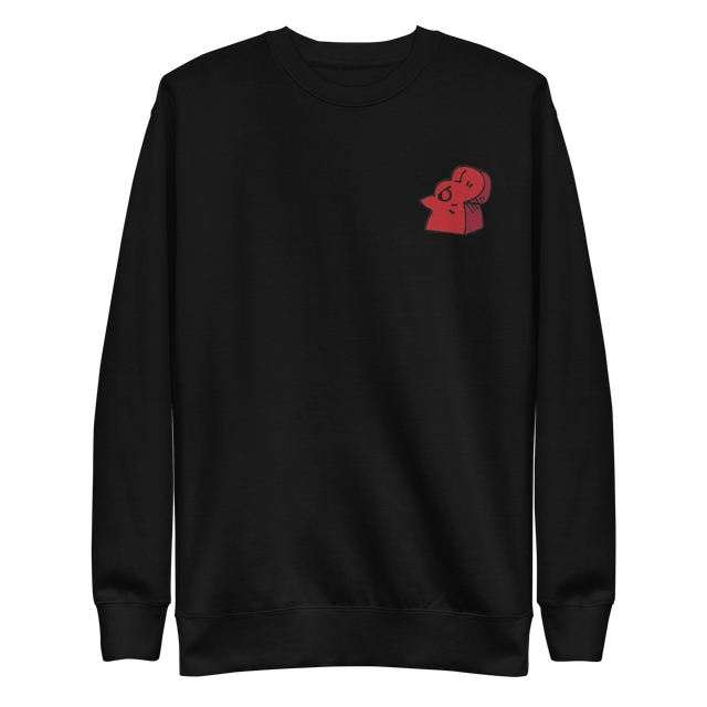 Black crewneck sweatshirt with the Lord of the Hundreds meeple embroidered on the left chest
