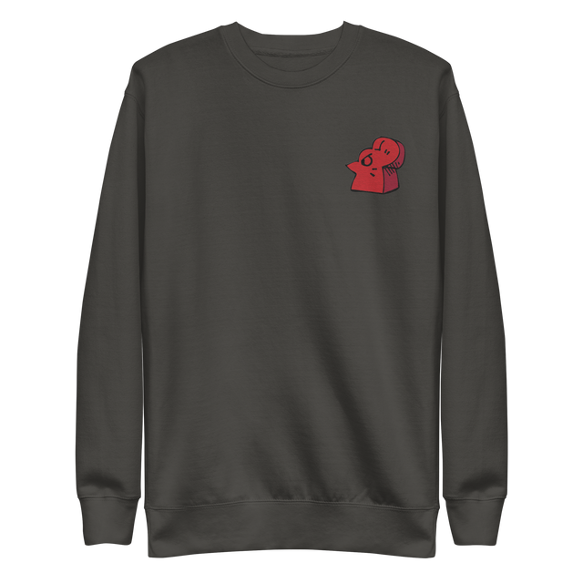 Grey crewneck sweatshirt with the Lord of the Hundreds meeple embroidered on the left chest