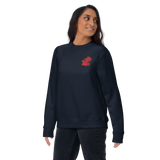 Model wearing a navy crewneck sweatshirt with the Lord of the Hundreds meeple embroidered on the left chest