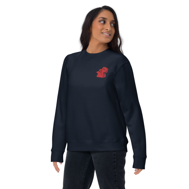Model wearing a navy crewneck sweatshirt with the Lord of the Hundreds meeple embroidered on the left chest