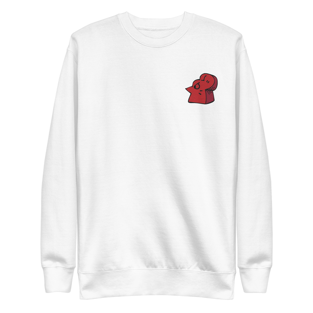 White crewneck sweatshirt with the Lord of the Hundreds meeple embroidered on the left chest
