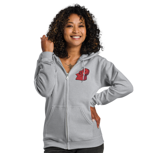 Model wearing Light grey hoodie with Lord of the Hundreds meeple embroidered on left chest