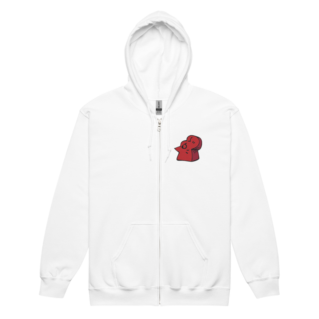 White hoodie with Lord of the Hundreds meeple embroidered on left chest