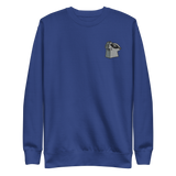 Blue crewneck sweatshirt with the Keepers in Iron meeple embroidered on the left chest