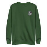 Green crewneck sweatshirt with the Keepers in Iron meeple embroidered on the left chest
