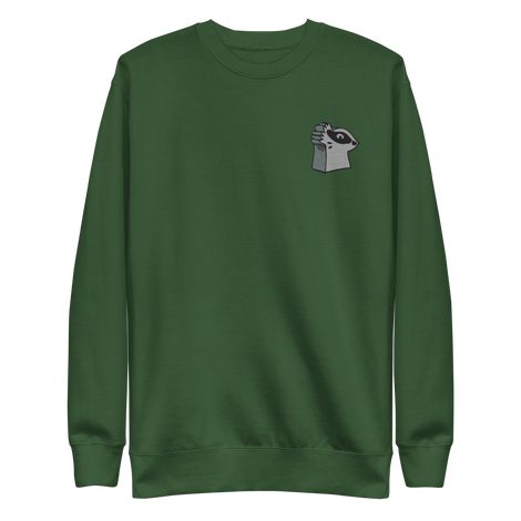 Green crewneck sweatshirt with the Keepers in Iron meeple embroidered on the left chest