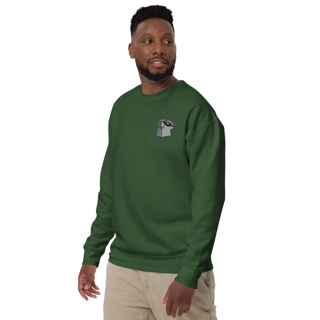 Model wearing a Green crewneck sweatshirt with the Keepers in Iron meeple embroidered on the left chest