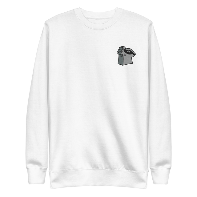 White crewneck sweatshirt with the Keepers in Iron meeple embroidered on the left chest