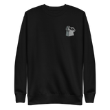 Black crewneck sweatshirt with the Keepers in Iron meeple embroidered on the left chest