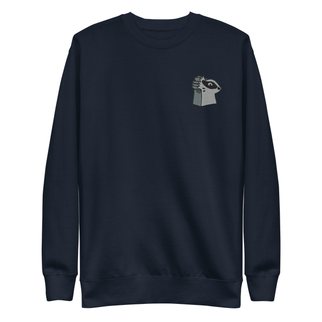 Navy crewneck sweatshirt with the Keepers in Iron meeple embroidered on the left chest