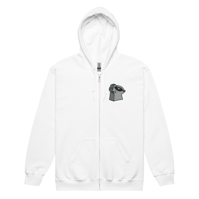 White hoodie with a embroidered Keepers meeple on the left chest