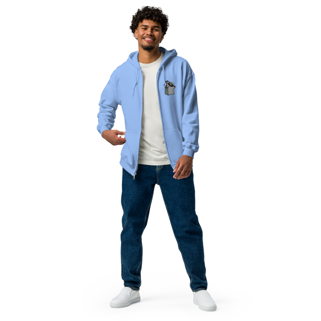 Model wearing light blue hoodie with a embroidered Keepers meeple on the left chest