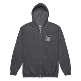 Dark gray hoodie with a embroidered Keepers meeple on the left chest