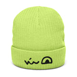 Bright (acid?) green beanie featuring the smirk of the Lizard Cult meeple embroidered on the folded brim.