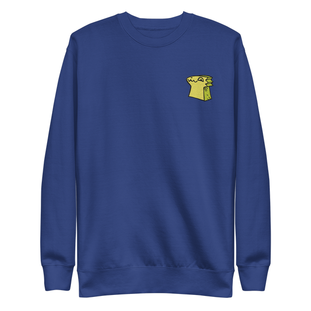 Blue crewneck sweatshirt with the Lizard Cult meeple embroidered on the left chest.