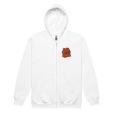 White zip hoodie with Marquise Meeple embroidered on left chest