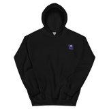 A black hoodie with the Corvid Conspiracy meeple embroidered on the left chest.