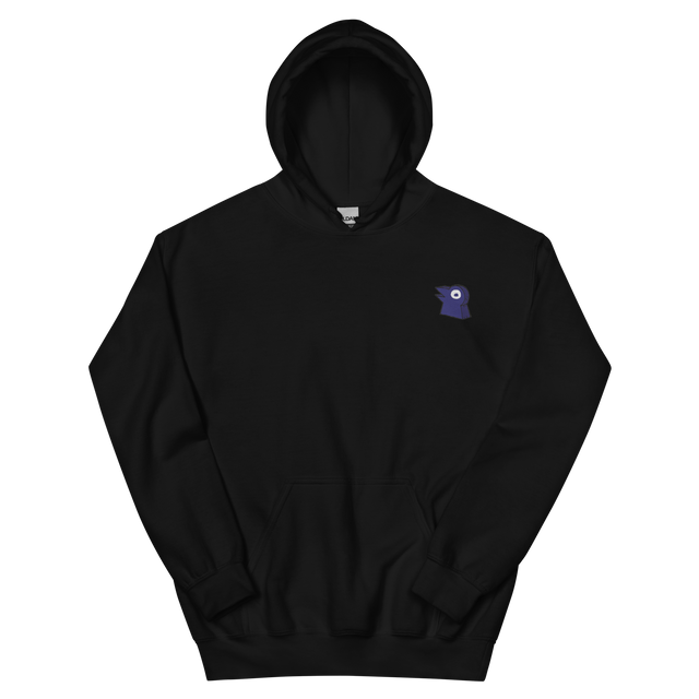 A black hoodie with the Corvid Conspiracy meeple embroidered on the left chest.