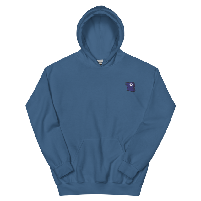 A blue hoodie with the Corvid Conspiracy meeple embroidered on the left chest.