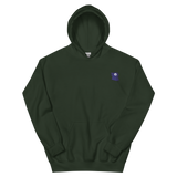 A forest green hoodie with the Corvid Conspiracy meeple embroidered on the left chest.