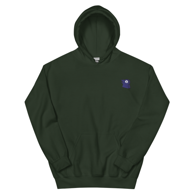 A forest green hoodie with the Corvid Conspiracy meeple embroidered on the left chest.