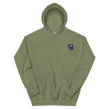 A green hoodie with the Corvid Conspiracy meeple embroidered on the left chest.