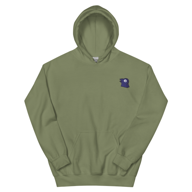 A green hoodie with the Corvid Conspiracy meeple embroidered on the left chest.
