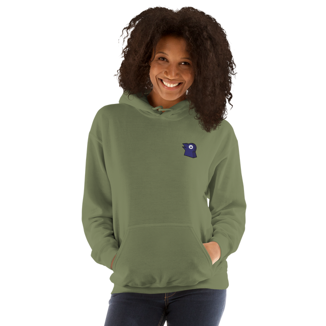 A model wearing an army green hoodie with the Corvid Conspiracy meeple embroidered on the left chest.