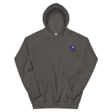 A slate hoodie with the Corvid Conspiracy meeple embroidered on the left chest.
