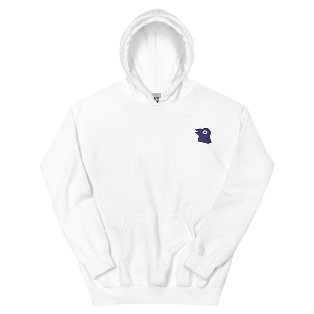 A white hoodie with the Corvid Conspiracy meeple embroidered on the left chest.