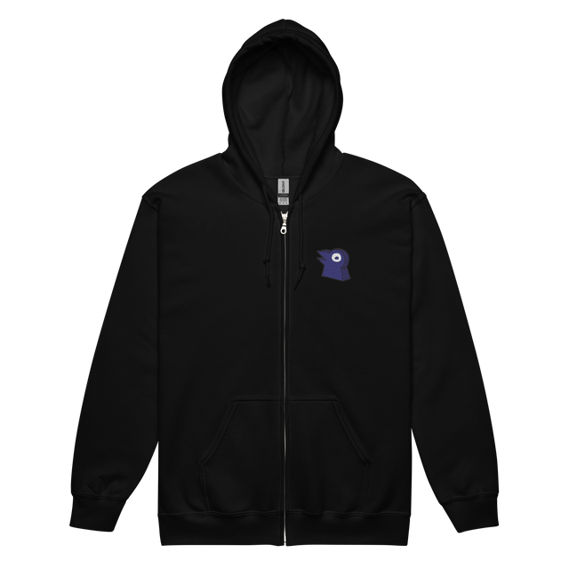 A black zip hoodie with the Corvid Conspiracy meeple embroidered on the left chest.