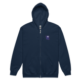 A navy zip hoodie with the Corvid Conspiracy meeple embroidered on the left chest.