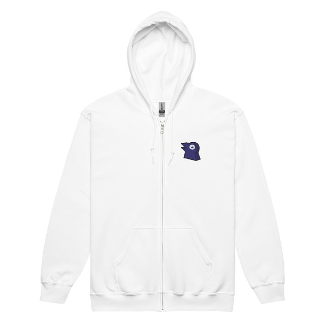 A white zip hoodie with the Corvid Conspiracy meeple embroidered on the left chest.