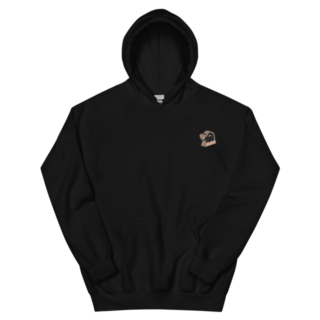 A black hoodie with the Underground Duchy mole meeple embroidered on the left chest.
