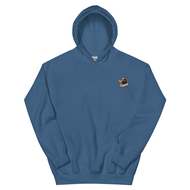 A blue hoodie with the Underground Duchy mole meeple embroidered on the left chest.