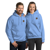 Models wearing light blue hoodies with the Underground Duchy mole meeple embroidered on the left chests.